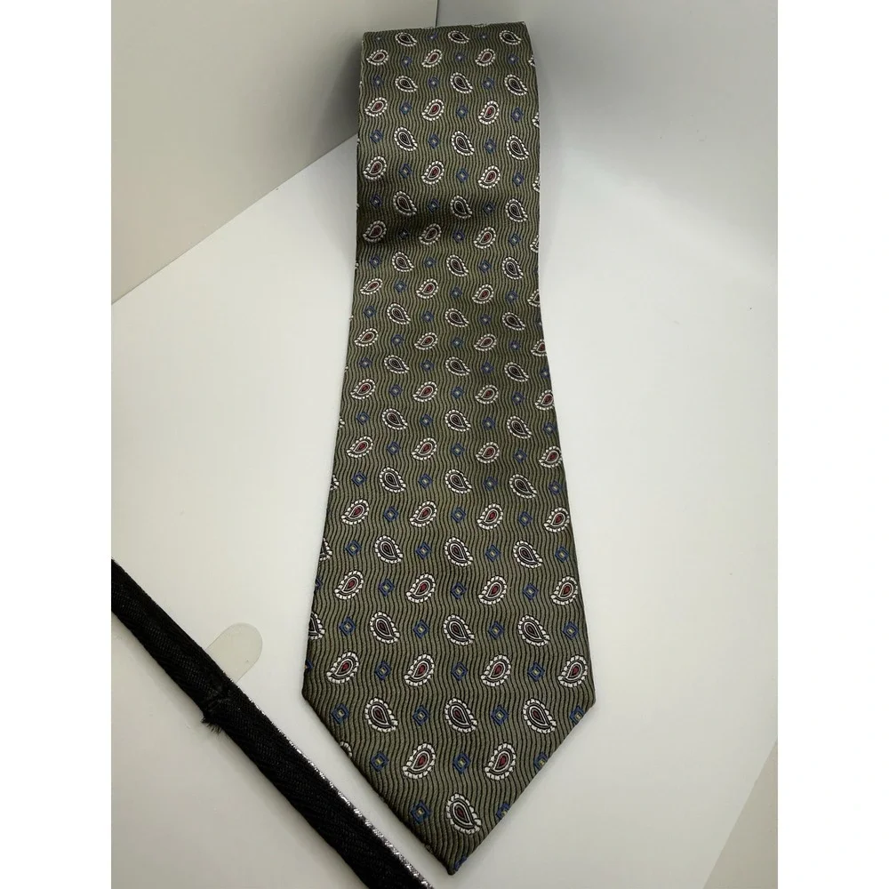 Jos A Bank Tie Silk Italy Olive Paisley Geometric Classic Width 60